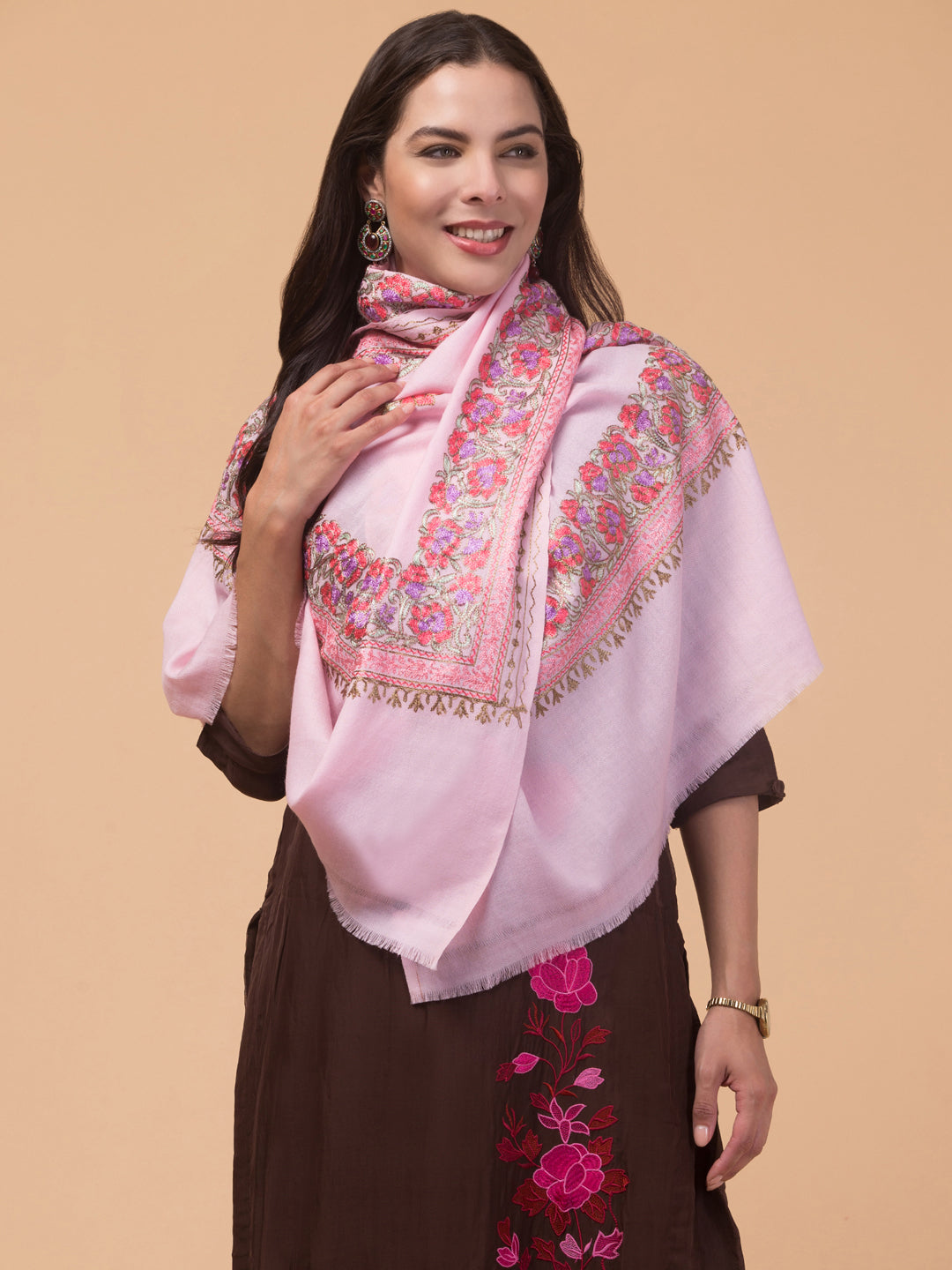 Tweedle Women’s Gulbahaar Aari Embroidery Stole/ Scarf - Pink (Size-28x80)