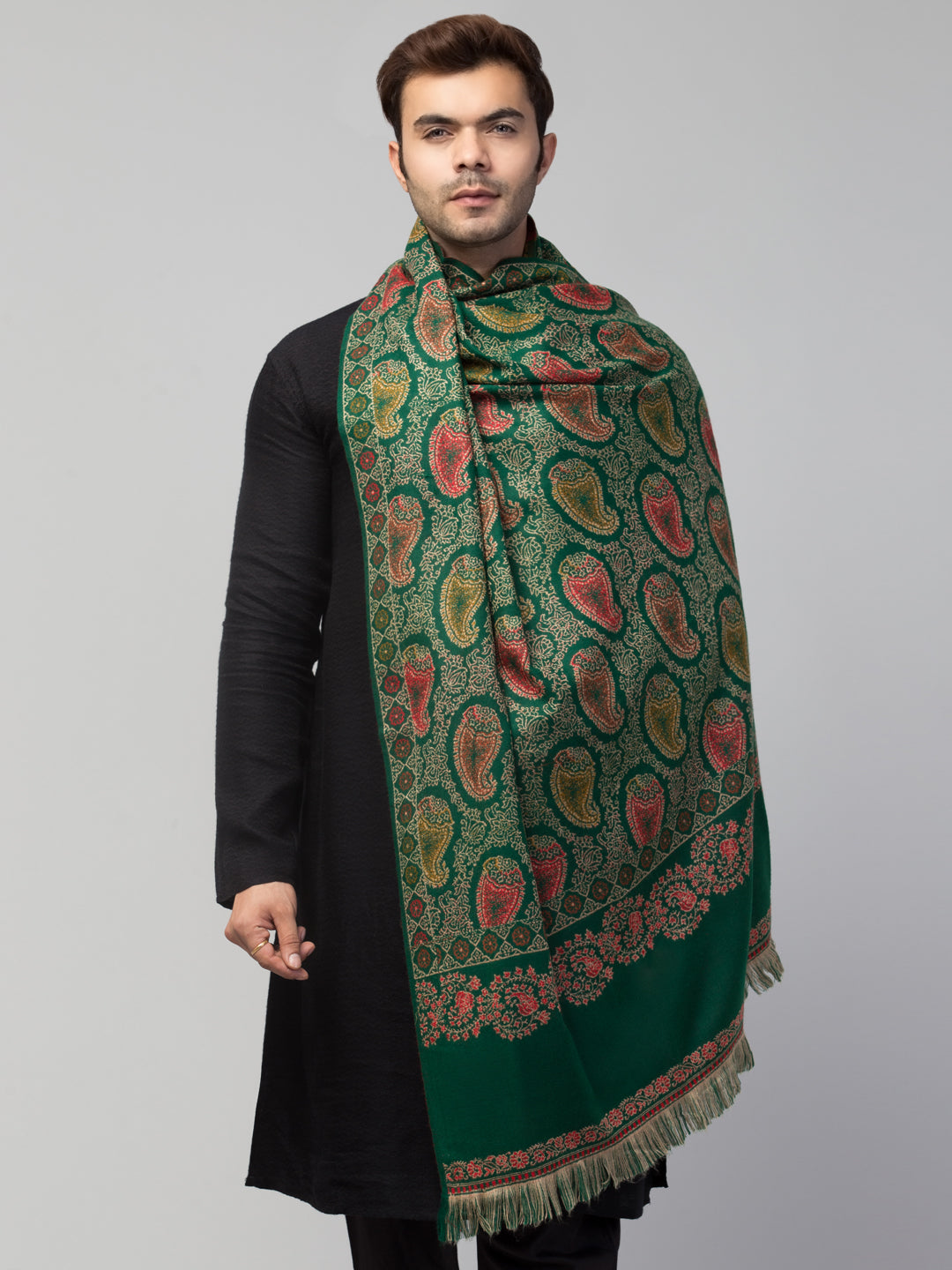 Tweedle Men’s Jamawar Paisley Design Woolen Shawl / Stole for Winters - Green(40 x 80 inches)