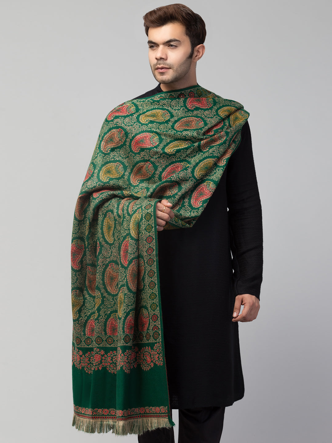 Tweedle Men’s Jamawar Paisley Design Woolen Shawl / Stole for Winters - Green(40 x 80 inches)