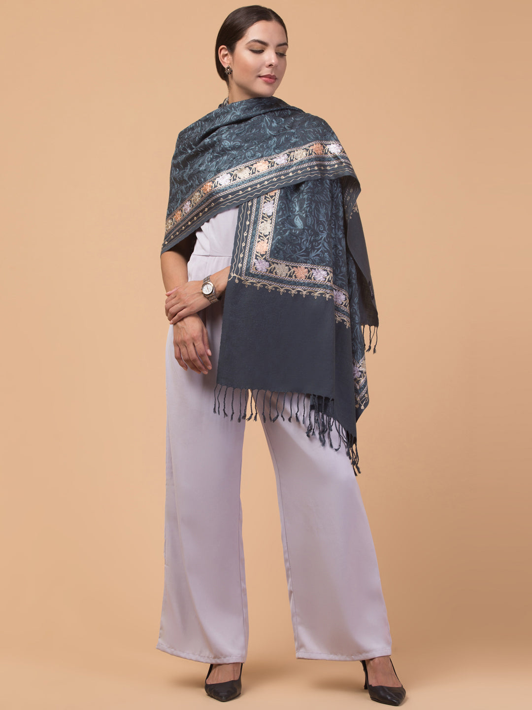 Acro Wool, Soft Feel Kashmiri Embroidery Stole for Winters - Grey