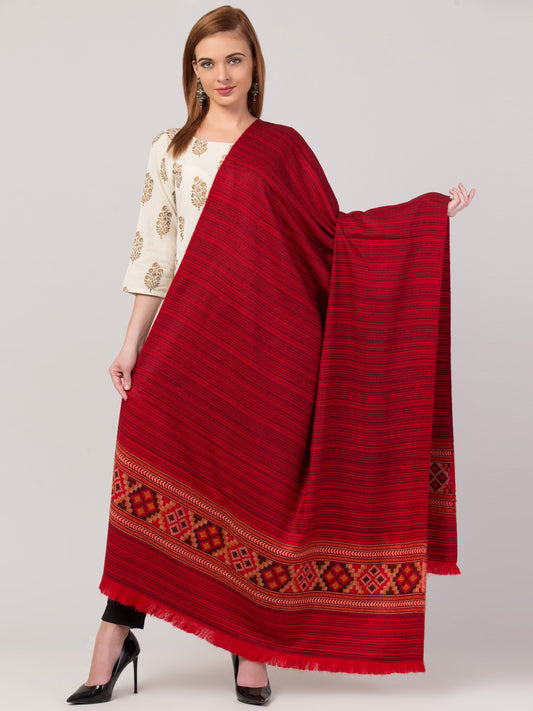 Ethnic Kullu Shawl for Women, Traditional Himachali Design with Tribal Motifs - Red
