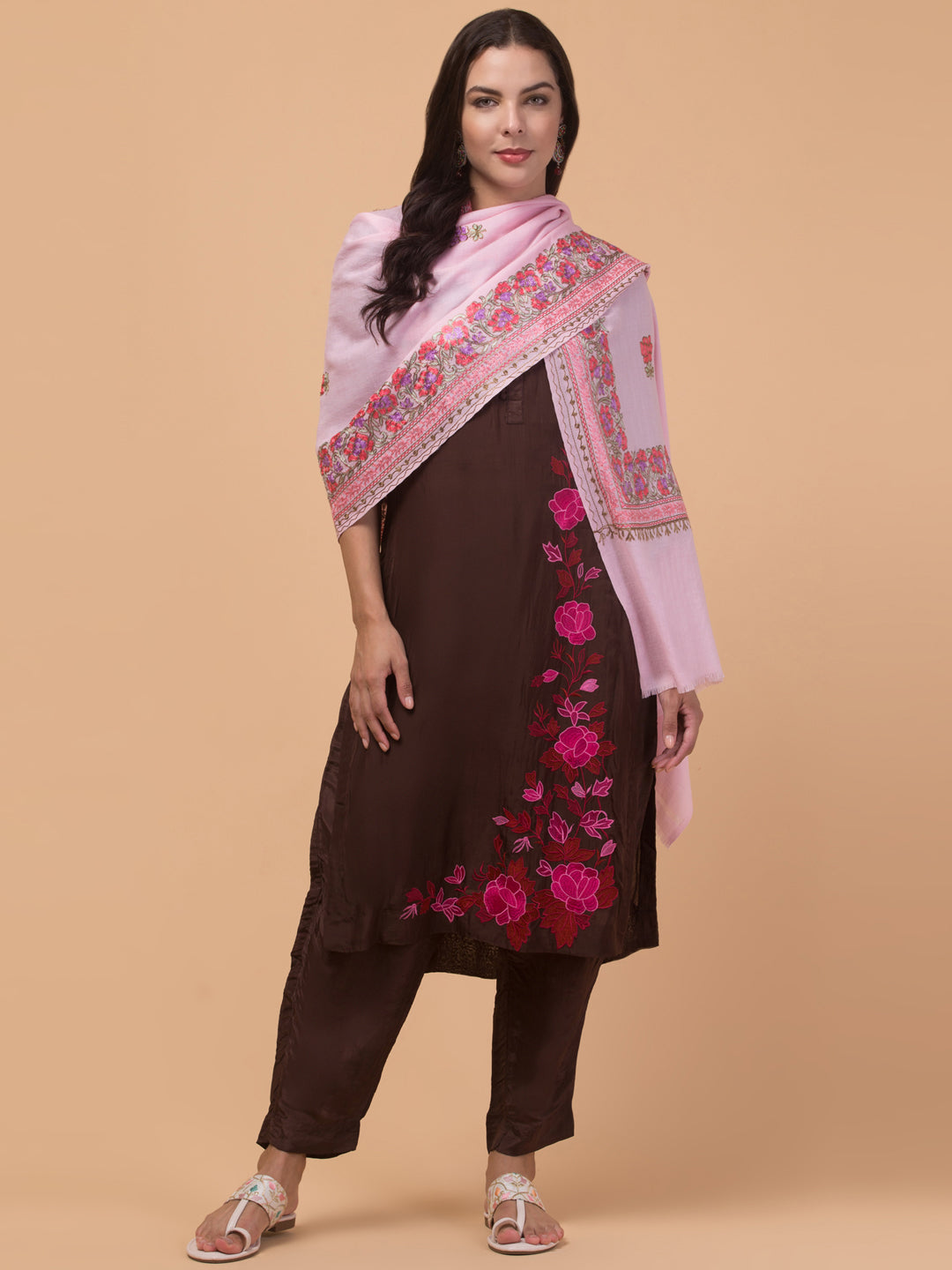 Tweedle Women’s Gulbahaar Aari Embroidery Stole/ Scarf - Pink (Size-28x80)
