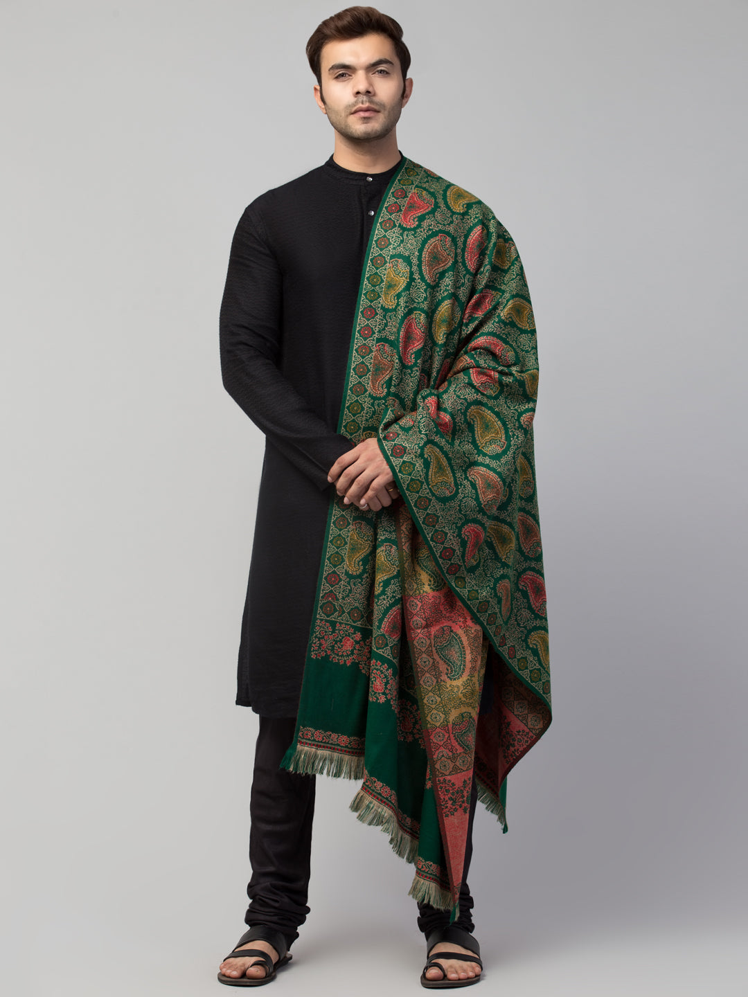 Tweedle Men’s Jamawar Paisley Design Woolen Shawl / Stole for Winters - Green(40 x 80 inches)