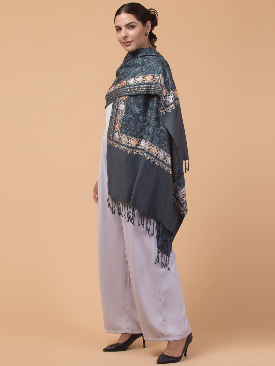 Acro Wool, Soft Feel Kashmiri Embroidery Stole for Winters - Grey