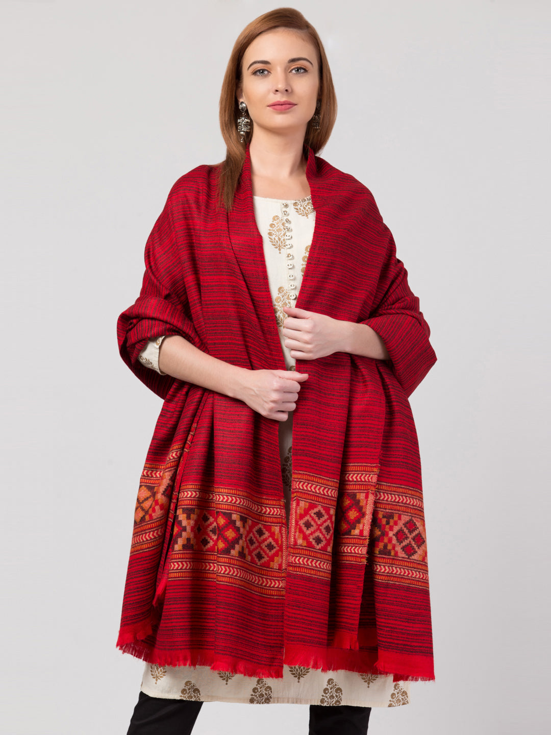 Ethnic Kullu Shawl for Women, Traditional Himachali Design with Tribal Motifs - Red
