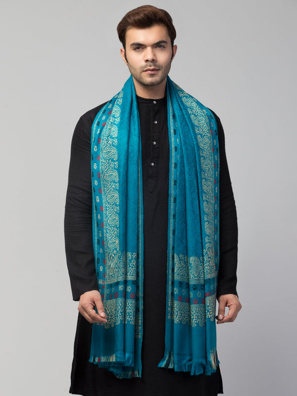 Jamawar Weave Plain Self Design with Border Shawl - Turquoise