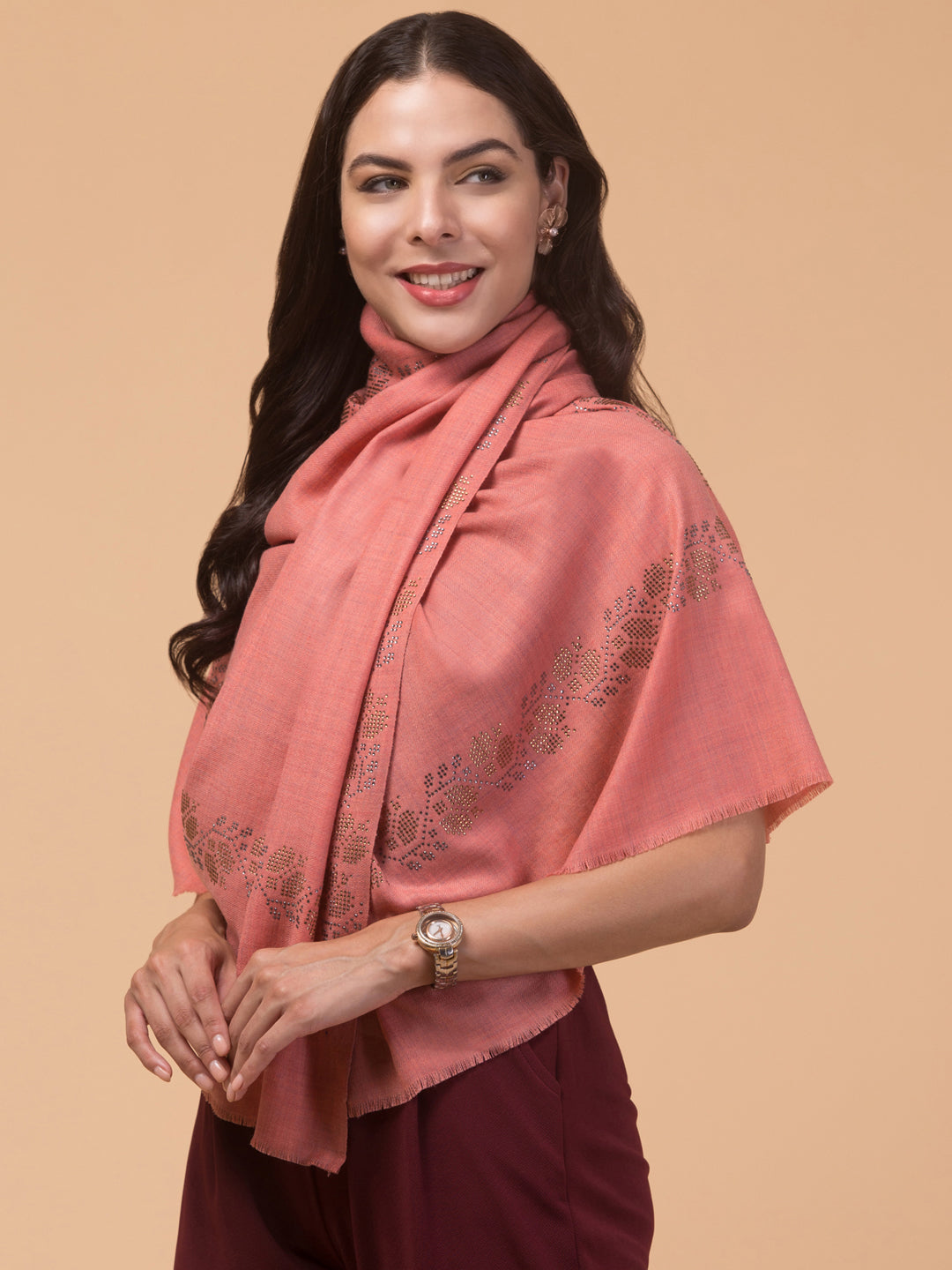 Fine Wool Crystal/Stone Work Stole for Winters - Peach