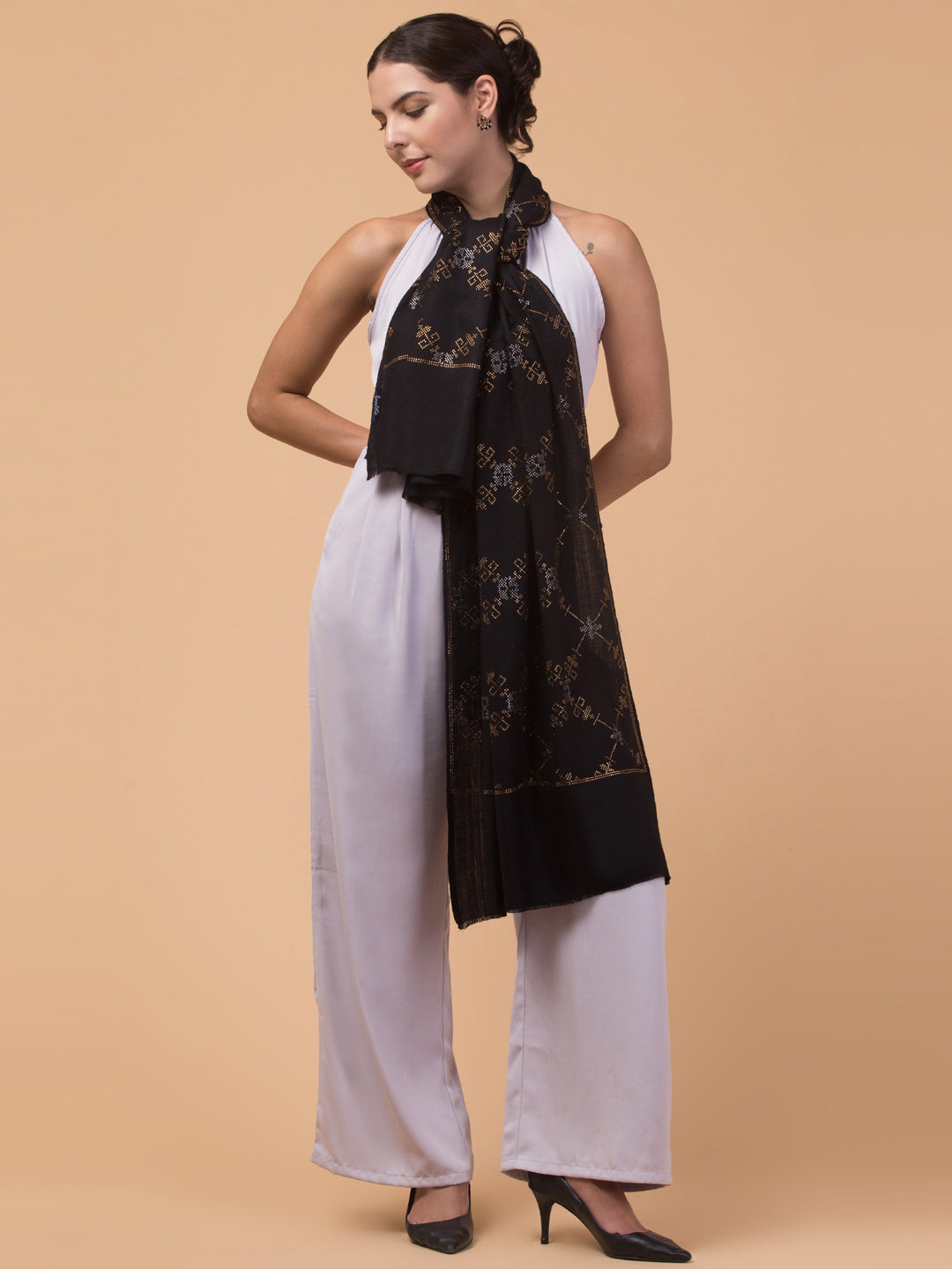 Fine Wool Crystal / Stone Work Stole - Black