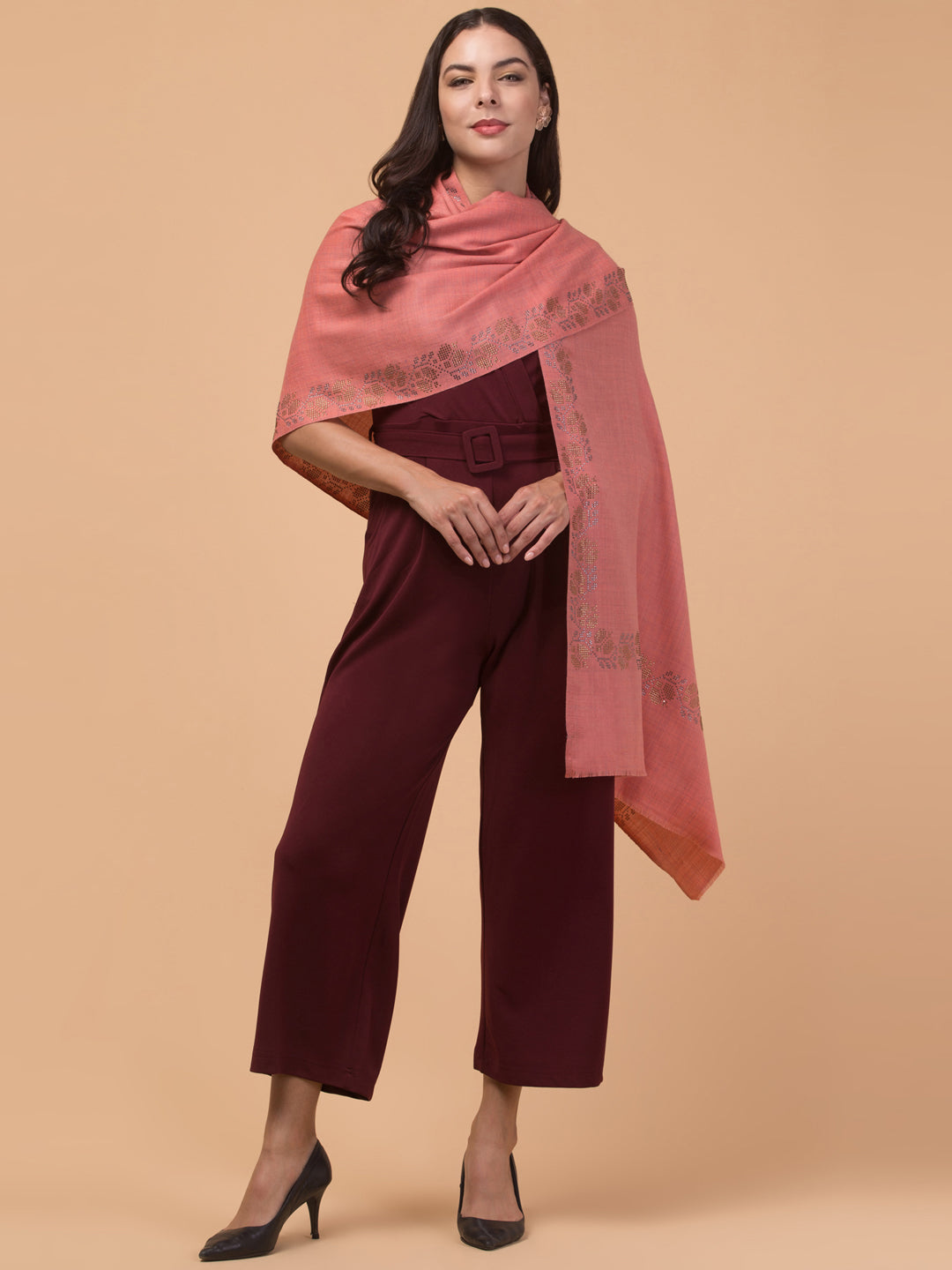 Fine Wool Crystal/Stone Work Stole for Winters - Peach