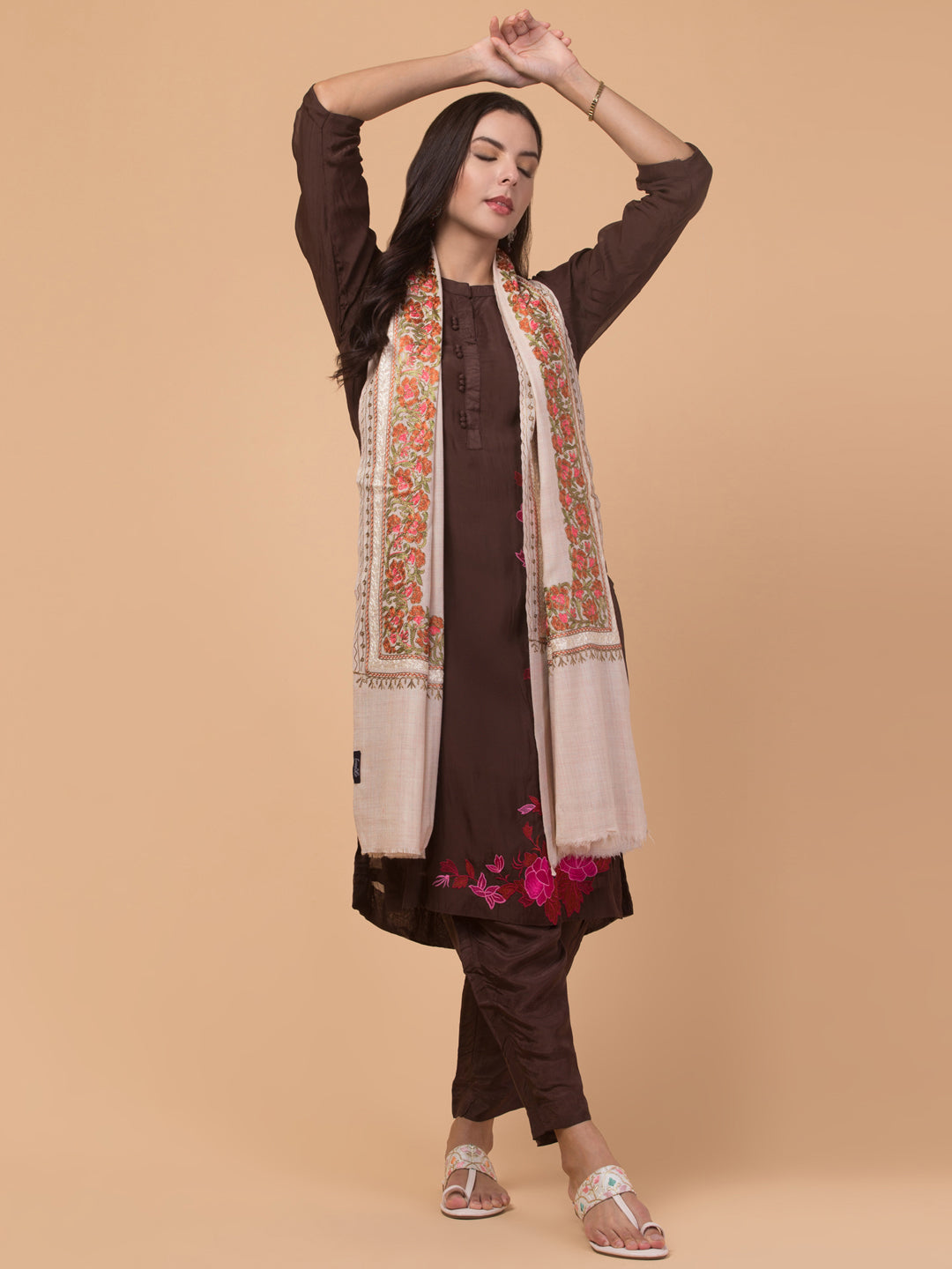 Tweedle Women’s Gulbahaar Aari Embroidery Stole/ Scarf - Off-White (Size-28x80)