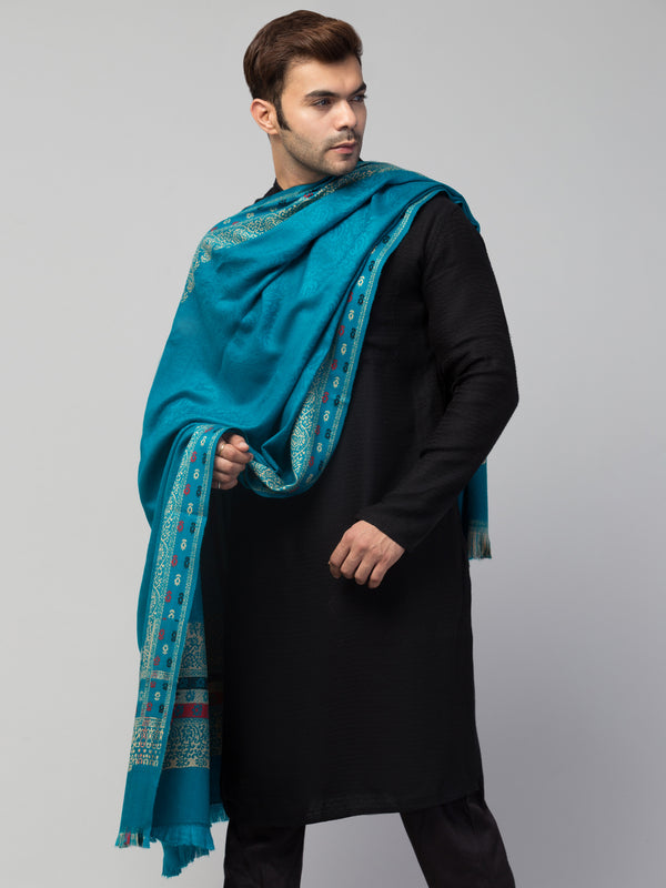 Jamawar Weave Plain Self Design with Border Shawl - Turquoise