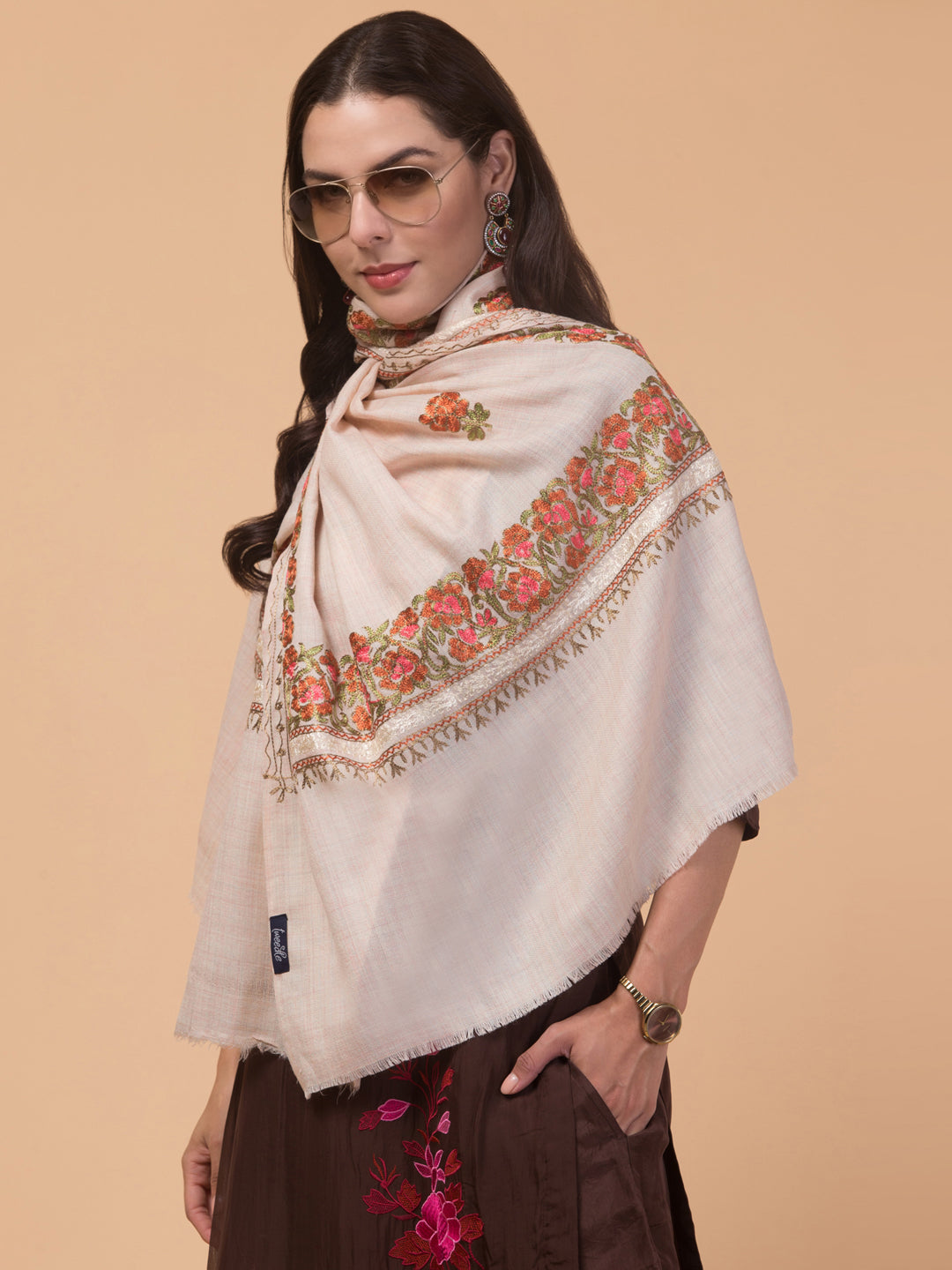 Tweedle Women’s Gulbahaar Aari Embroidery Stole/ Scarf - Off-White (Size-28x80)