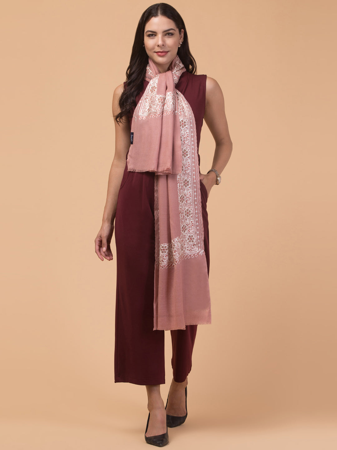 Fine Wool Embroidered Stole, Floral Pattern and Stone Work Border, Peach