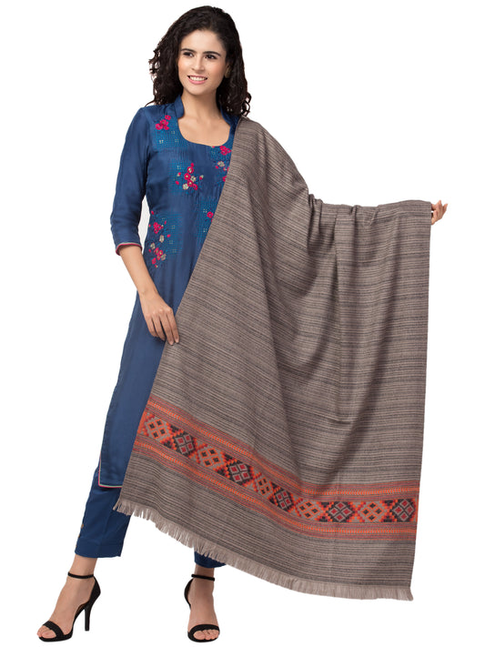 Ethnic Kullu Shawl for Women, Traditional Himachali Design with Tribal Motifs - Grey