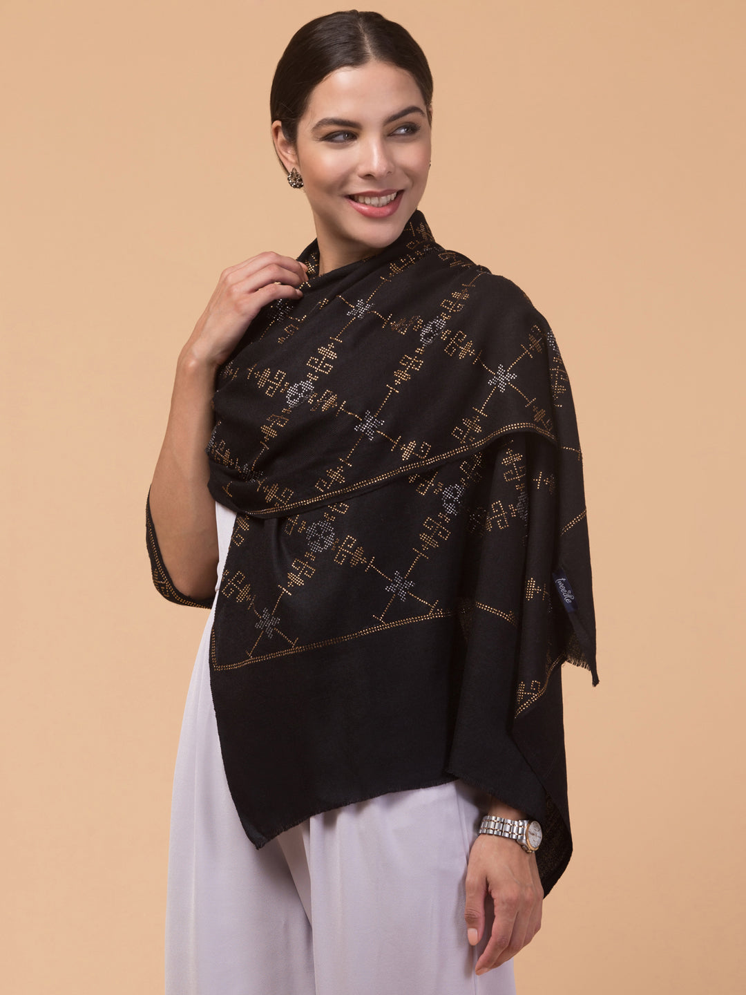 Fine Wool Crystal / Stone Work Stole - Black