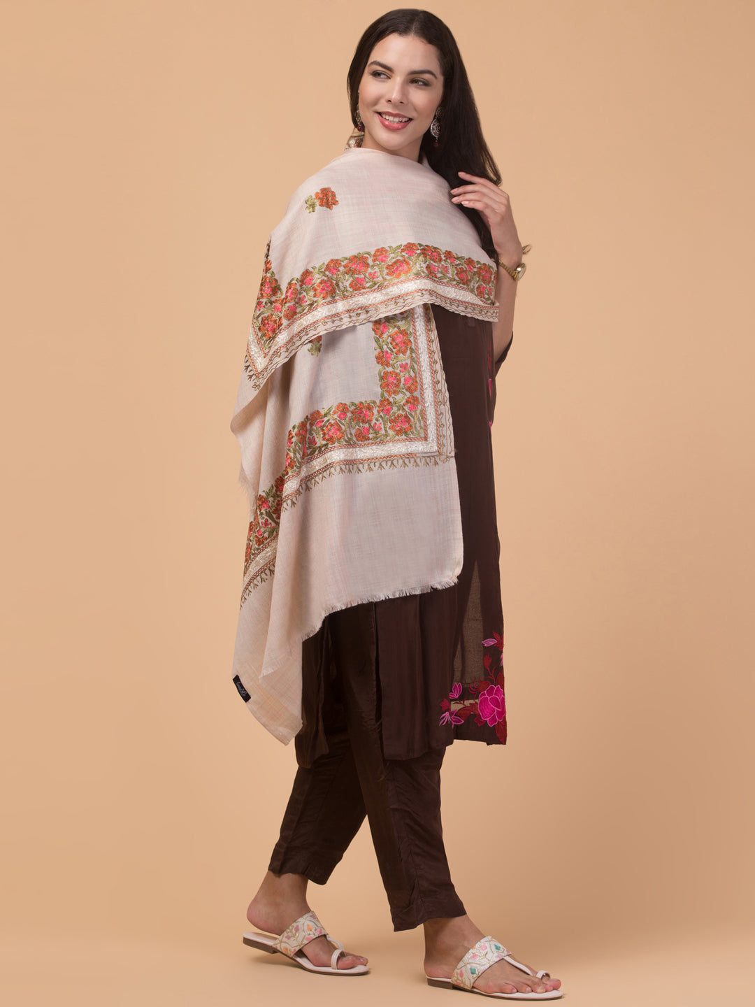 Tweedle Women’s Gulbahaar Aari Embroidery Stole/ Scarf - Off-White (Size-28x80)