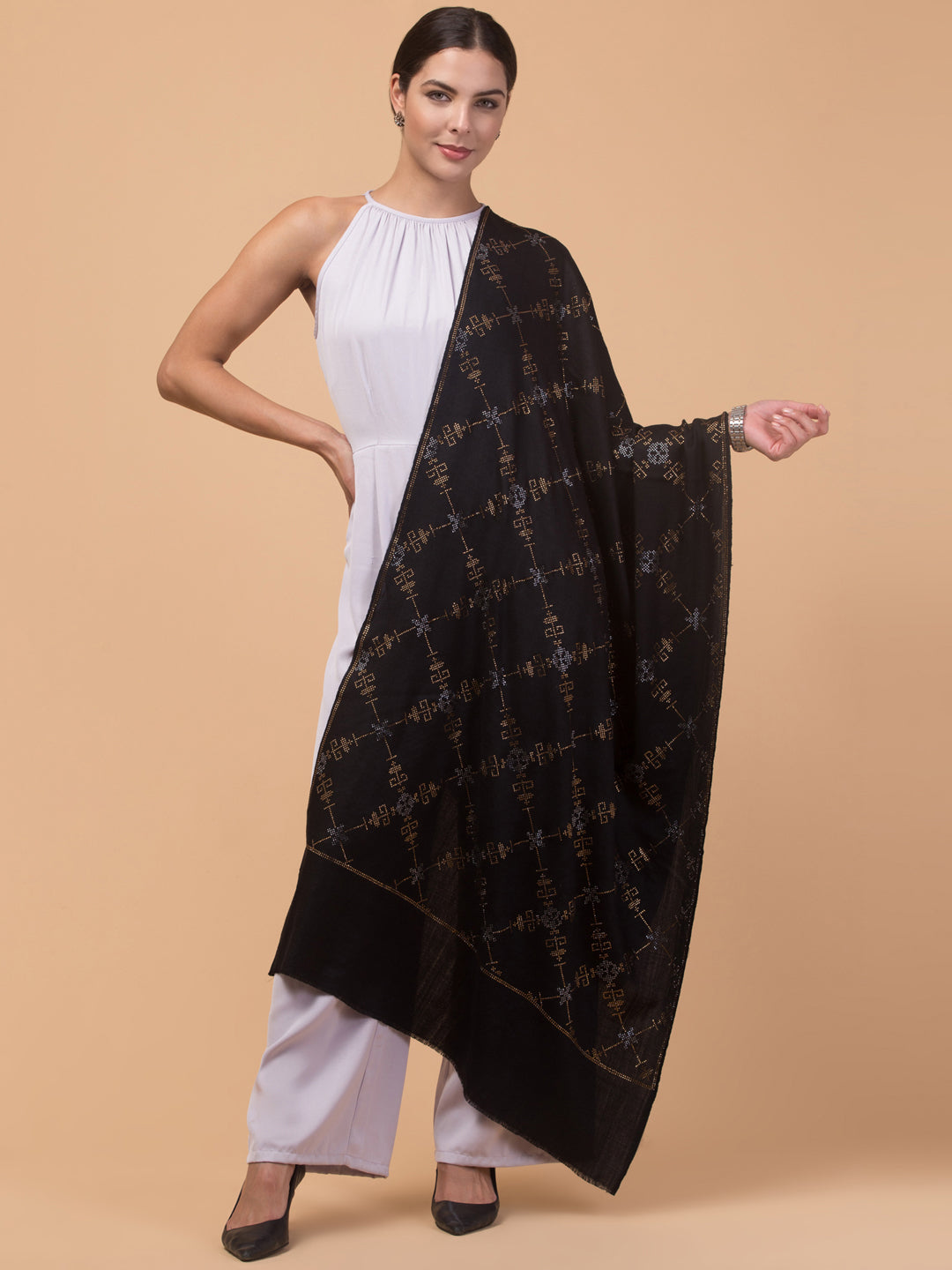 Fine Wool Crystal / Stone Work Stole - Black