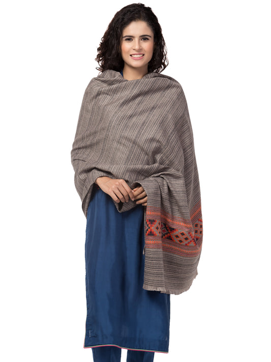 Ethnic Kullu Shawl for Women, Traditional Himachali Design with Tribal Motifs - Grey