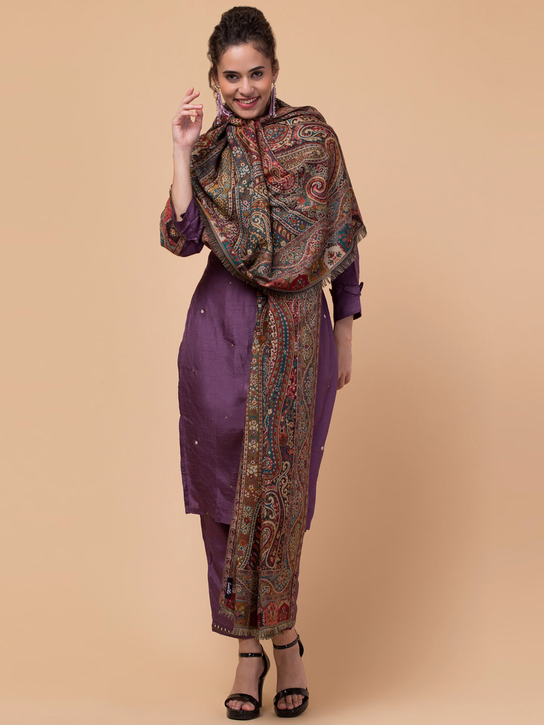 Jacquard Weave, Paisley Design, Faux Pashmina Shawl - Black