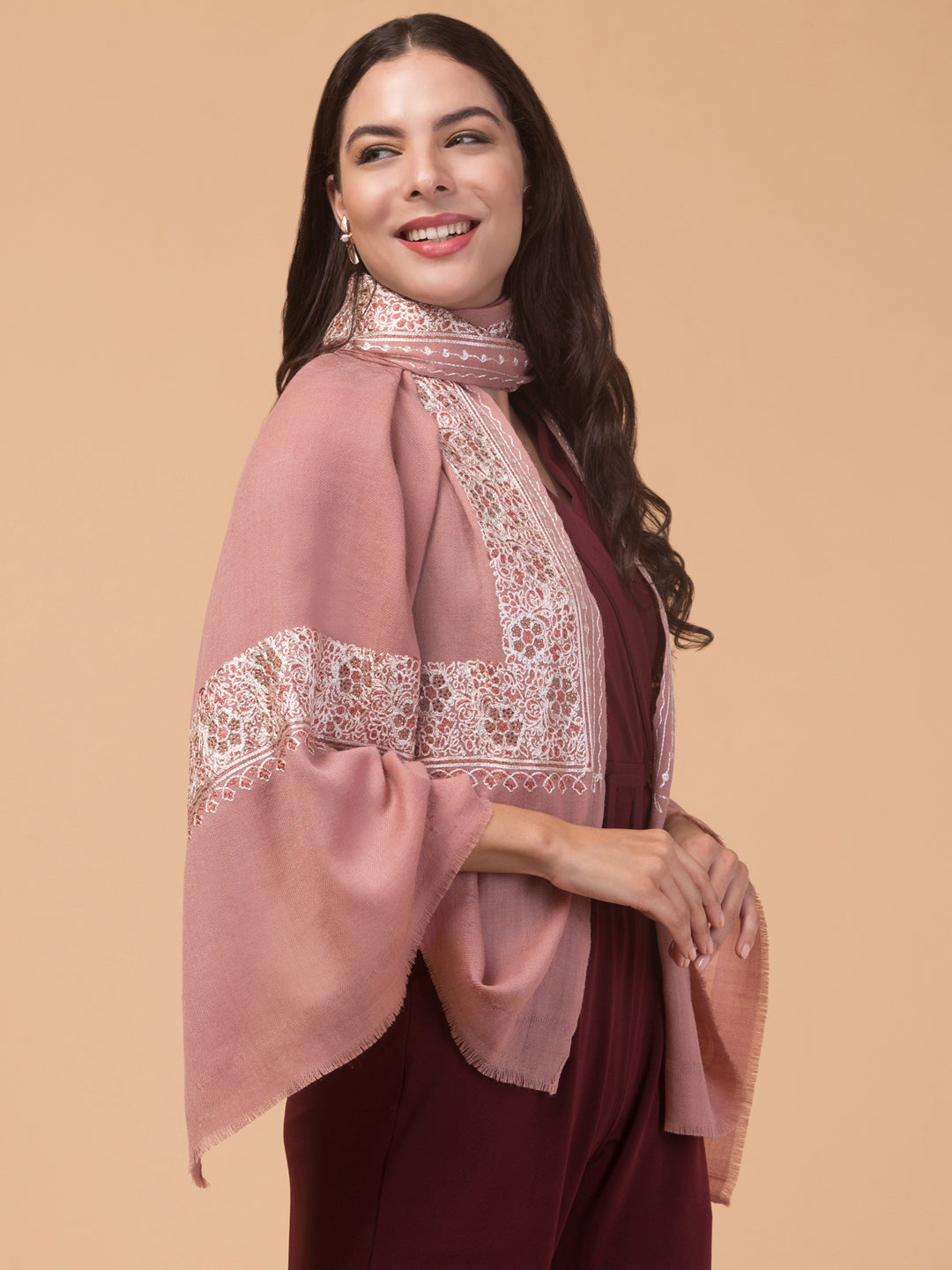 Fine Wool Embroidered Stole, Floral Pattern and Stone Work Border, Peach