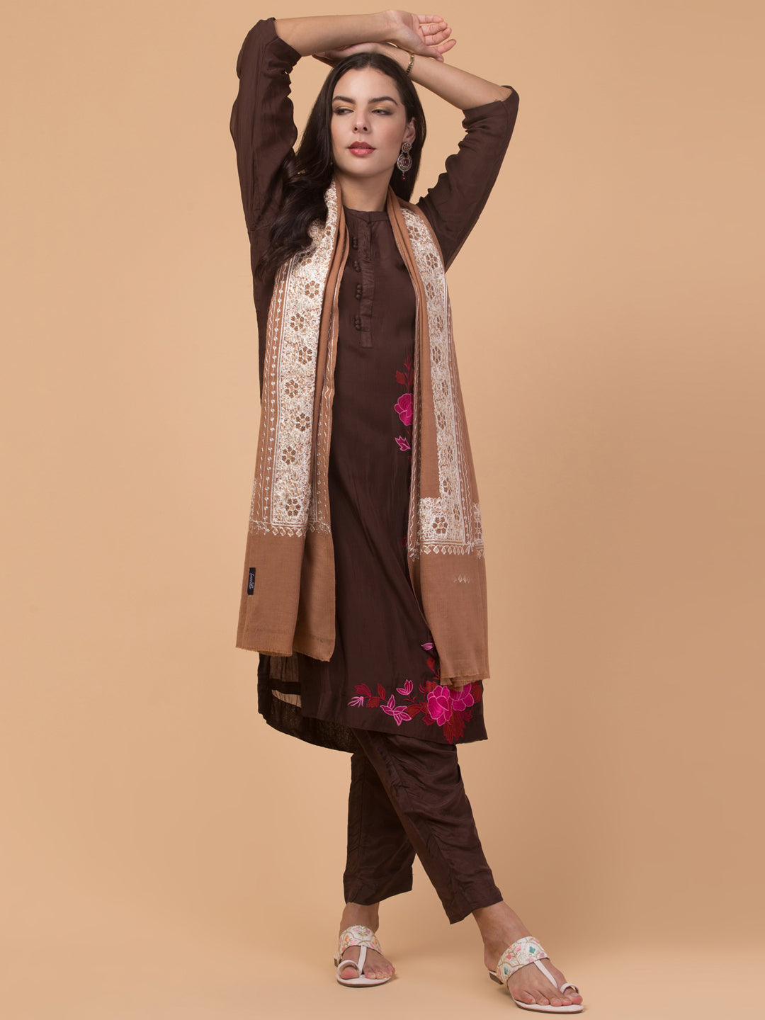 Fine Wool Embroidered Stole, Floral Pattern and Stone Work Border, Beige