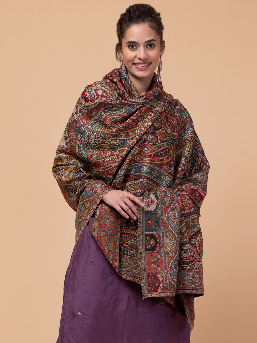 Jacquard Weave, Paisley Design, Faux Pashmina Shawl - Black