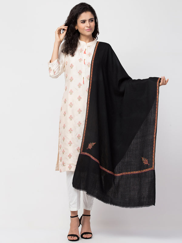 Fine Wool Plain Traditional Kingri Stole with Hand Embroidery Border - Black