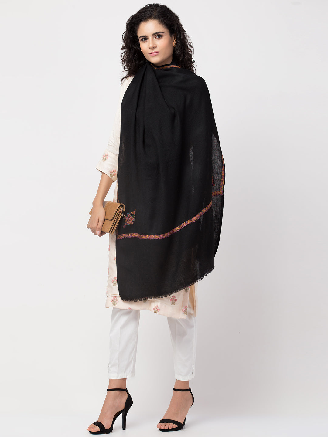 Fine Wool Plain Traditional Kingri Stole with Hand Embroidery Border - Black