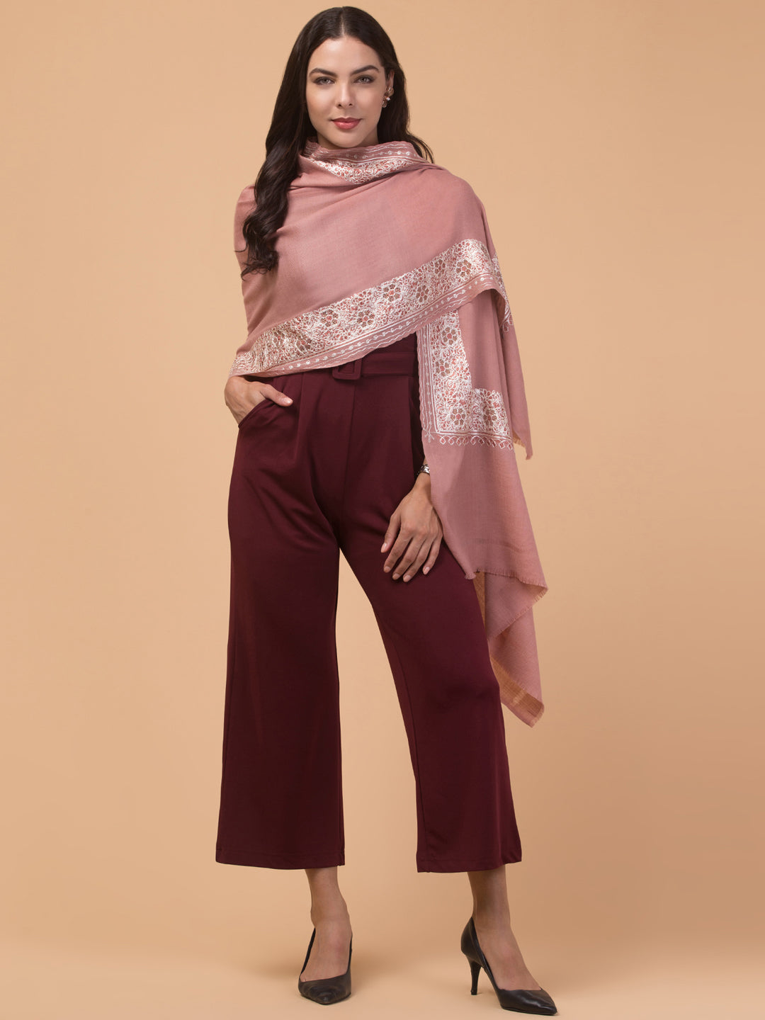 Fine Wool Embroidered Stole, Floral Pattern and Stone Work Border, Peach