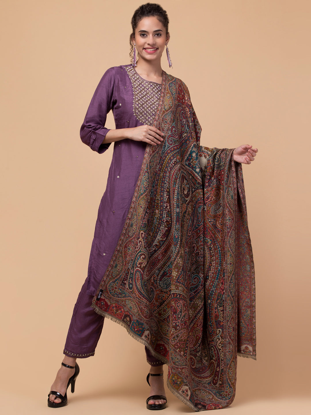 Jacquard Weave, Paisley Design, Faux Pashmina Shawl - Black