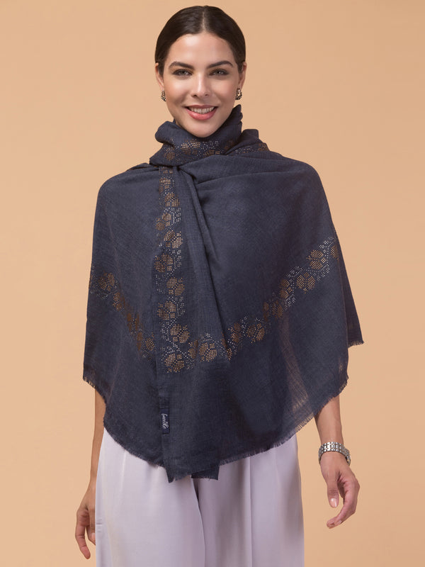 Fine Wool Crystal/Stone Work Stole for Winters - Navy Blue