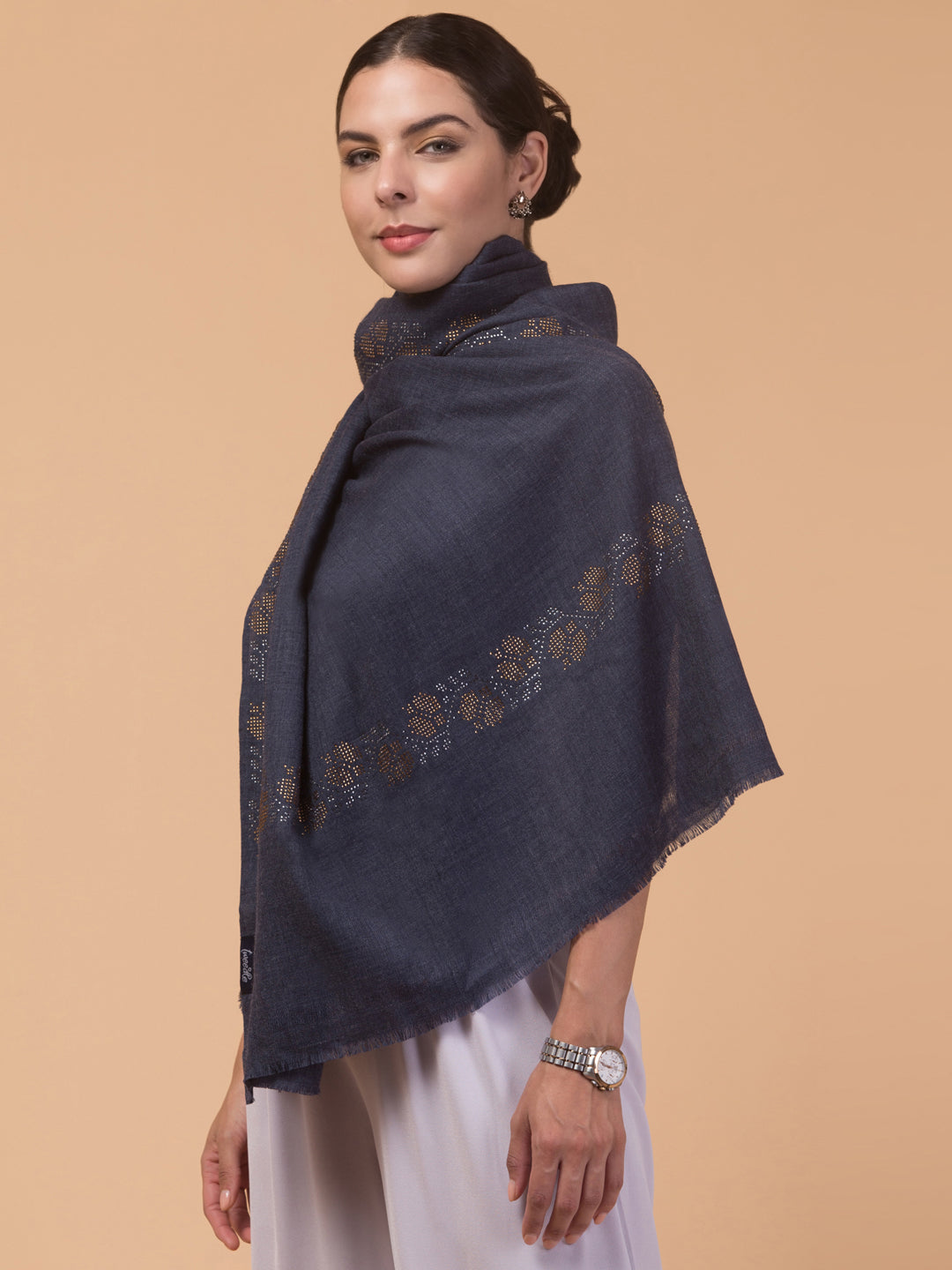 Fine Wool Crystal/Stone Work Stole for Winters - Navy Blue