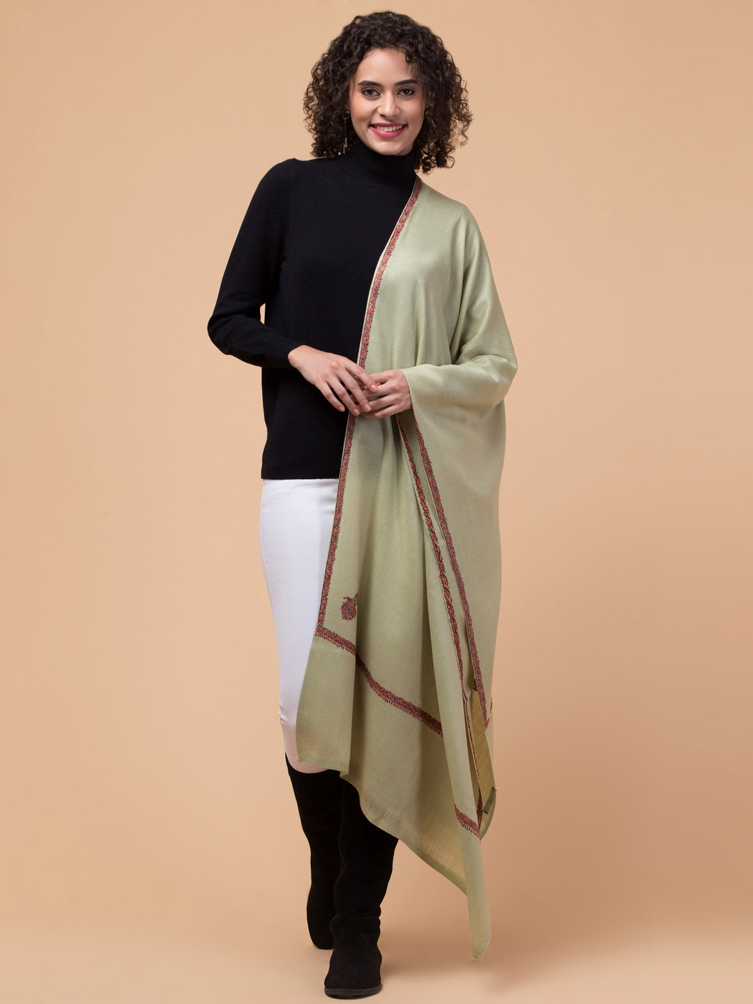 Fine Wool Plain Traditional Kingri Stole with Hand Embroidery Border - Light Green