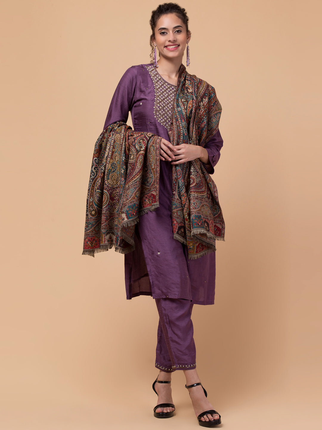 Jacquard Weave, Paisley Design, Faux Pashmina Shawl - Black