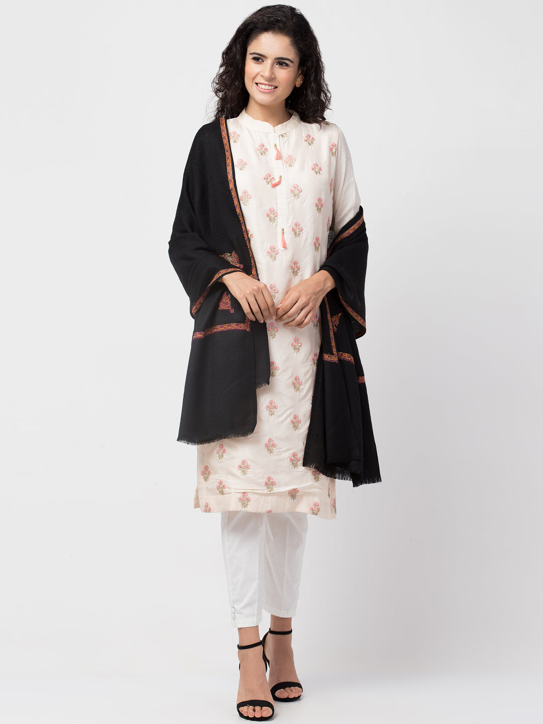 Fine Wool Plain Traditional Kingri Stole with Hand Embroidery Border - Black