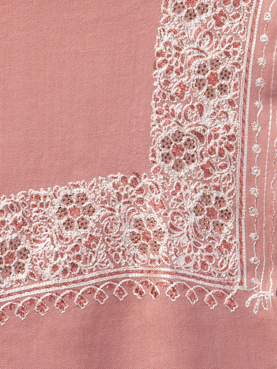 Fine Wool Embroidered Stole, Floral Pattern and Stone Work Border, Peach