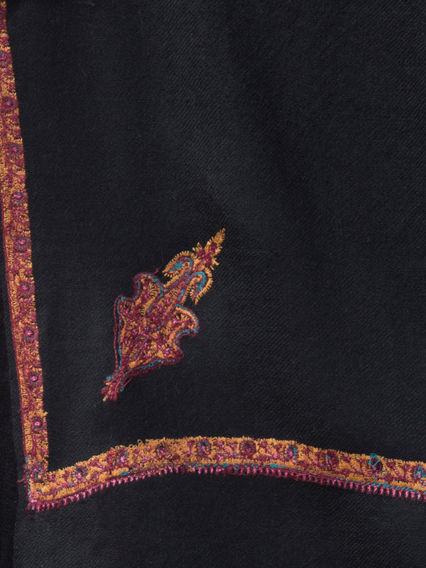 Fine Wool Plain Traditional Kingri Stole with Hand Embroidery Border - Black