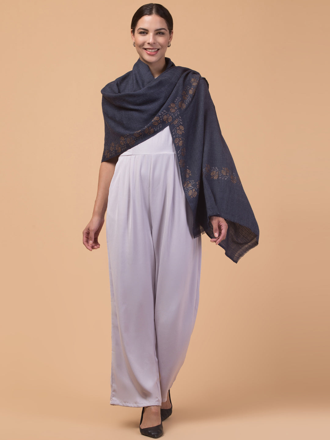 Fine Wool Crystal/Stone Work Stole for Winters - Navy Blue