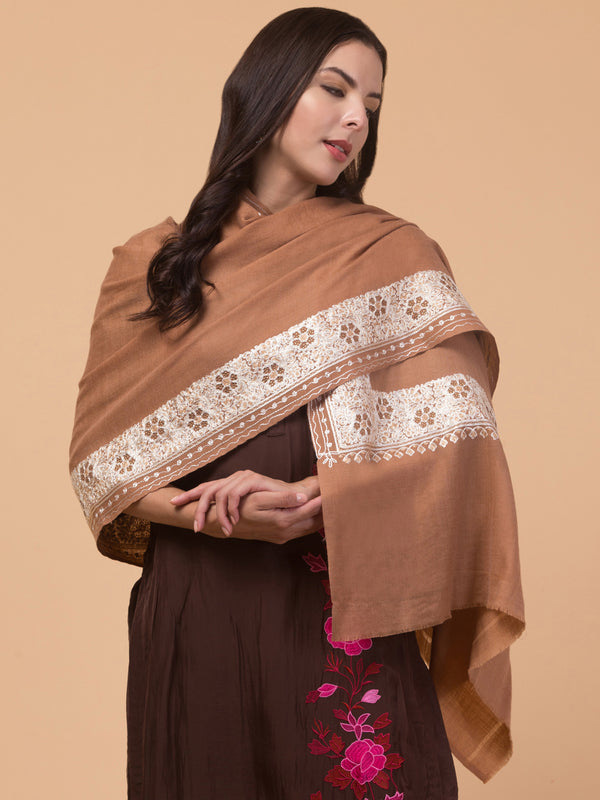 Fine Wool Embroidered Stole, Floral Pattern and Stone Work Border, Beige