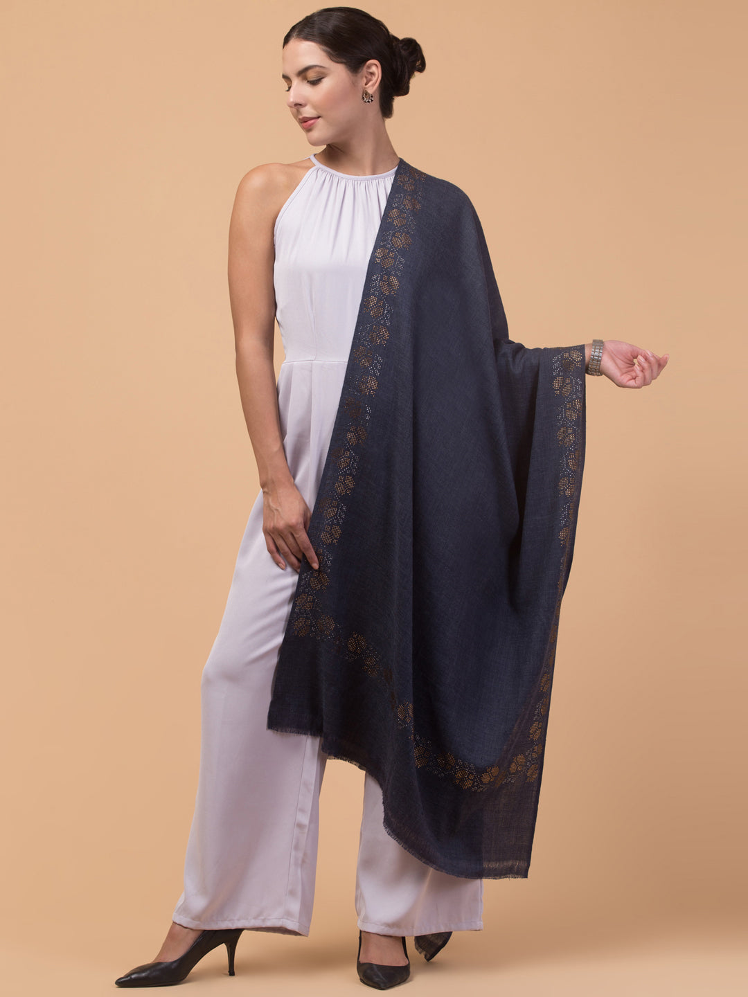 Fine Wool Crystal/Stone Work Stole for Winters - Navy Blue
