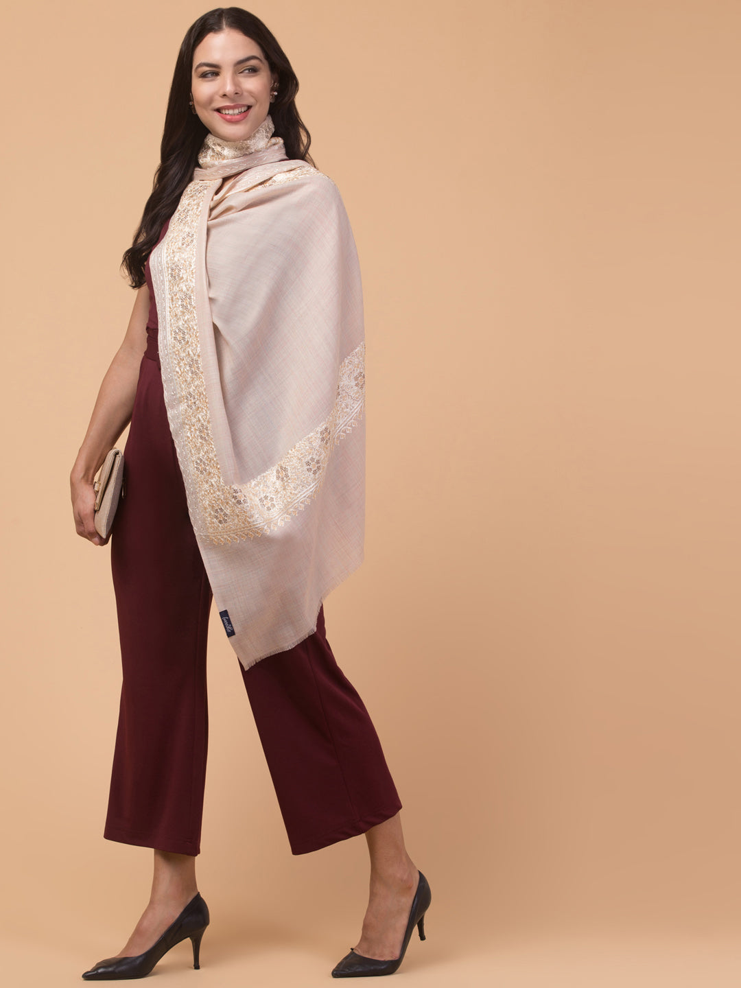 Fine Wool Embroidered Stole, Floral Pattern and Stone Work Border, Off White