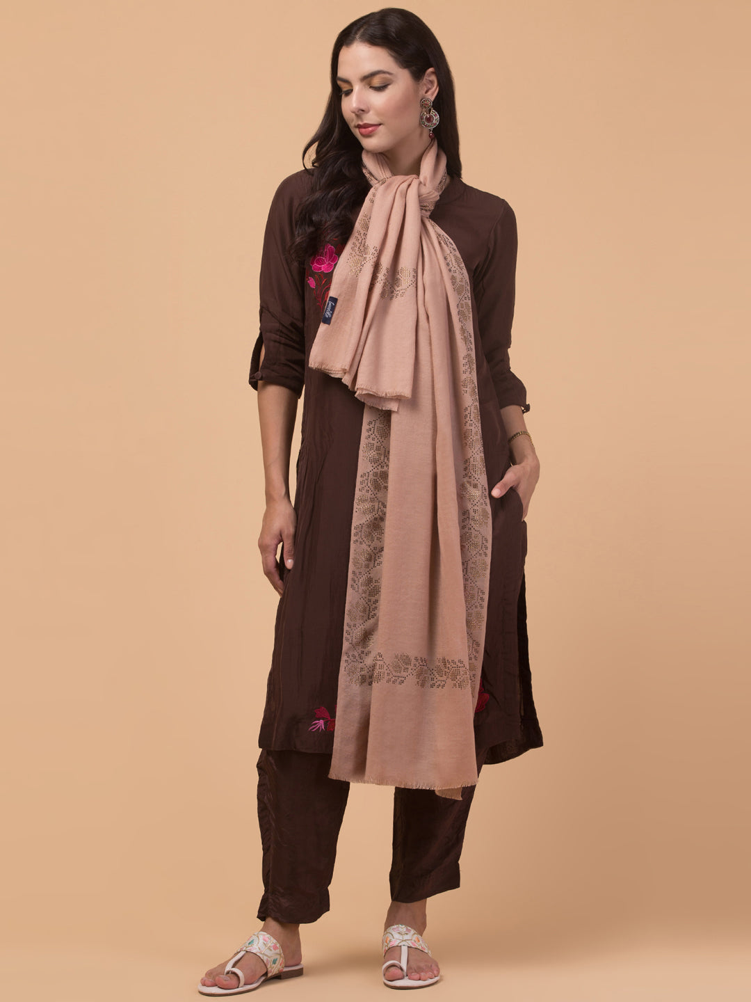 Fine Wool Crystal/Stone Work Stole for Winters - Beige