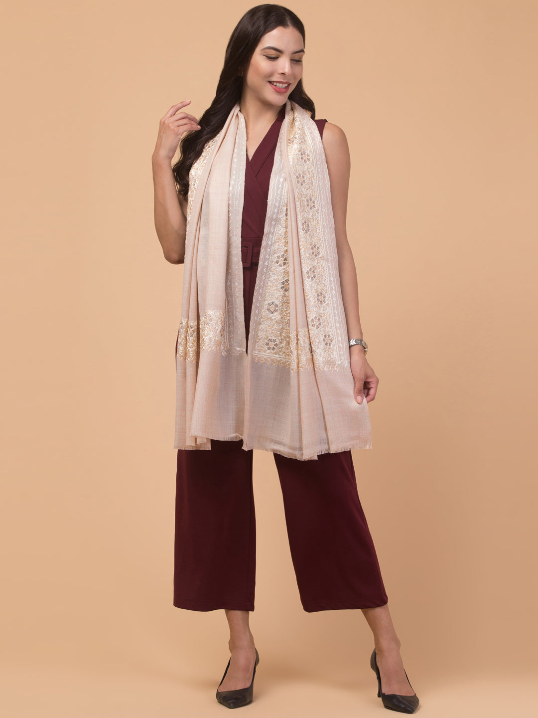 Fine Wool Embroidered Stole, Floral Pattern and Stone Work Border, Off White