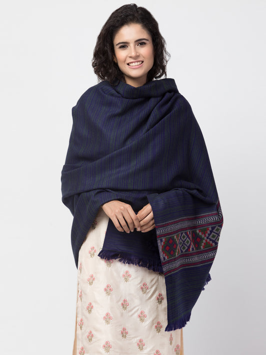 Ethnic Kullu Shawl for Women, Traditional Himachali Design with Tribal Motifs - Navy Blue