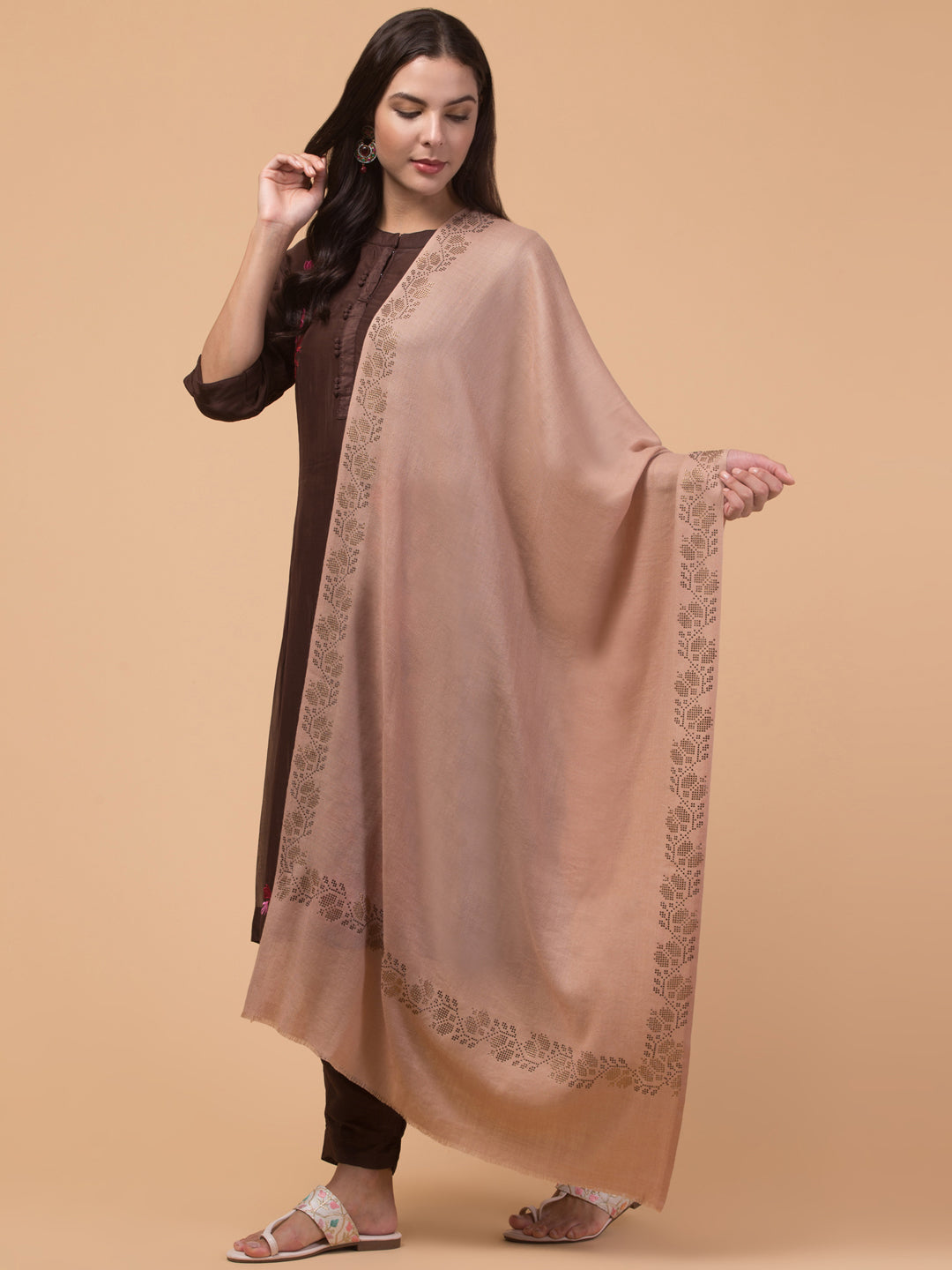 Fine Wool Crystal/Stone Work Stole for Winters - Beige