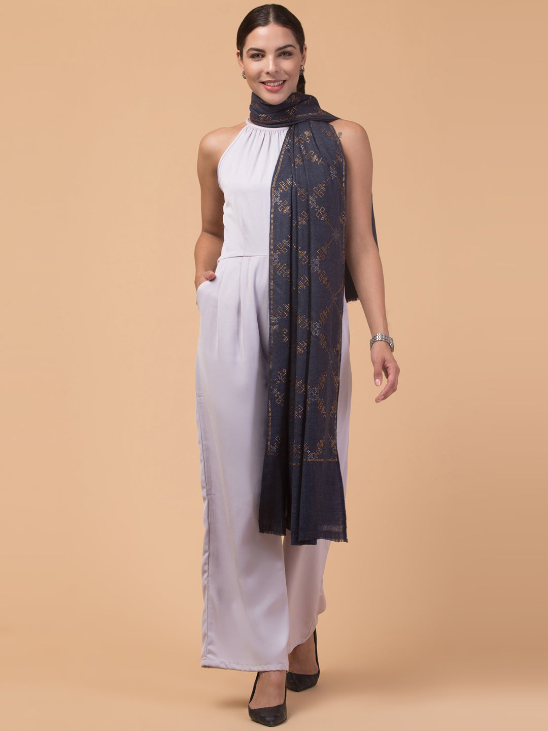 Fine Wool Crystal / Stone Work Stole - Navy Blue