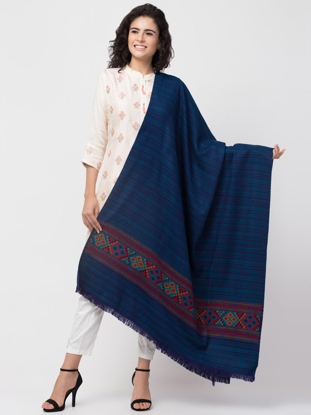 Ethnic Kullu Shawl for Women, Traditional Himachali Design with Tribal Motifs - Light Blue
