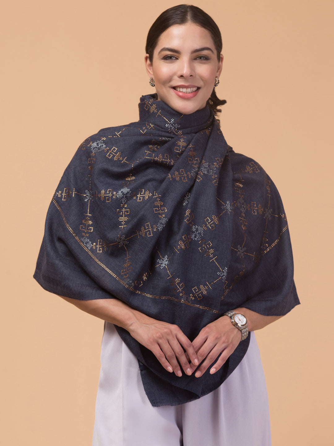 Fine Wool Crystal / Stone Work Stole - Navy Blue