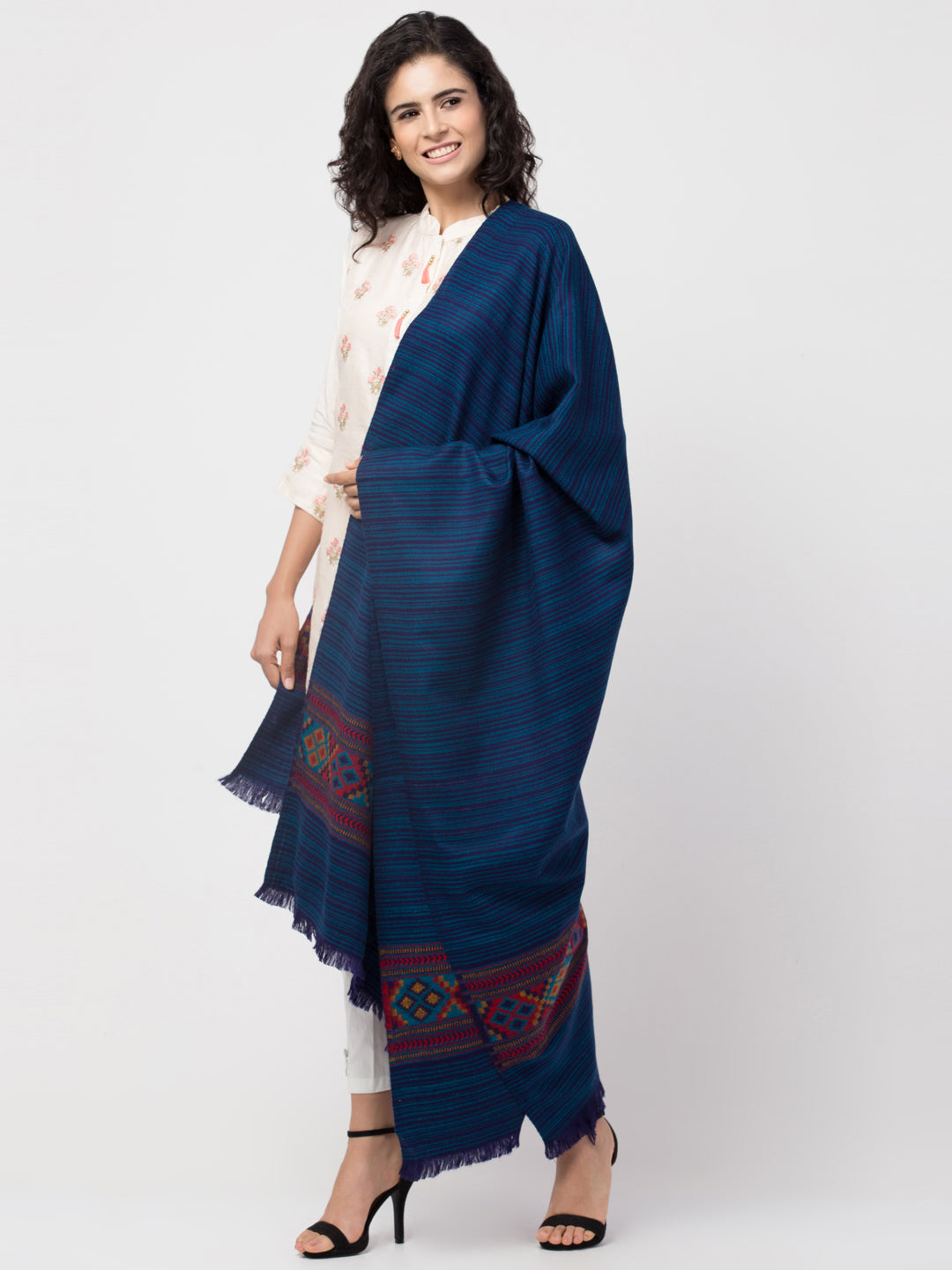 Ethnic Kullu Shawl for Women, Traditional Himachali Design with Tribal Motifs - Light Blue