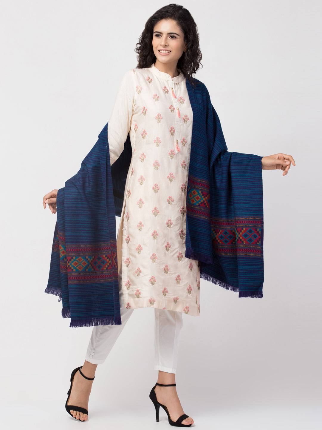 Ethnic Kullu Shawl for Women, Traditional Himachali Design with Tribal Motifs - Light Blue